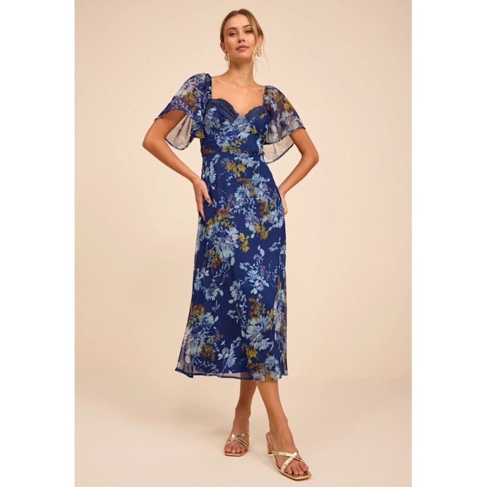 NEW Lulus Floral Midi Dress XXL Blue Womens Flutter Sleeve Lace Trim Fall Guest